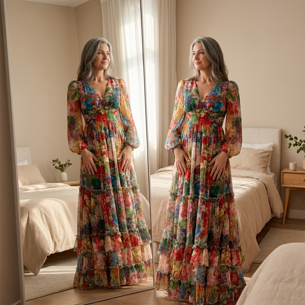 Tiered Floral Maxi Dress with Lantern Sleeves for Women