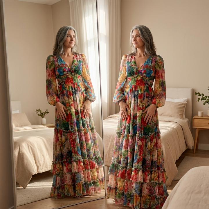 Tiered Floral Maxi Dress with Lantern Sleeves for Women