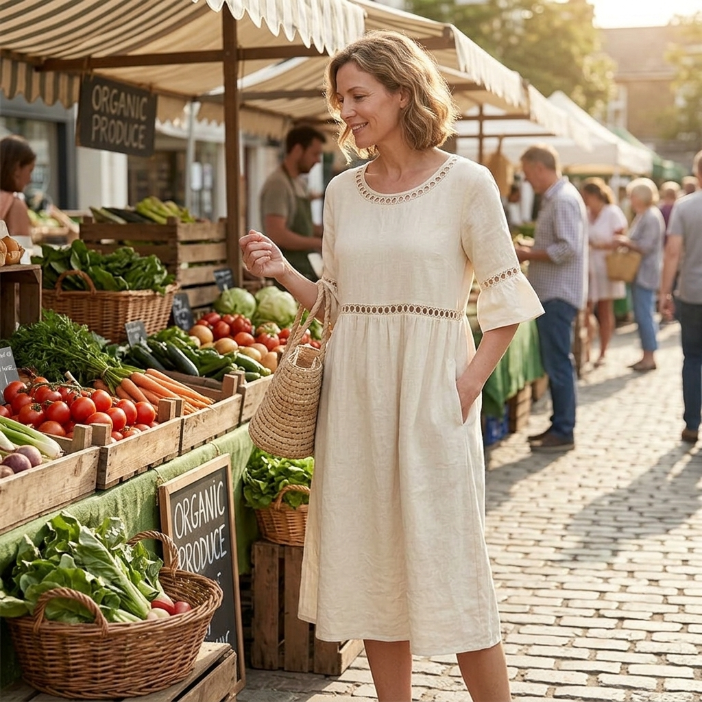 Midi Dress for Women Cotton Linen with Lace Detail