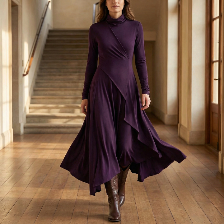 Florenne™ – Asymmetrical Draped High Neck Maxi Dress