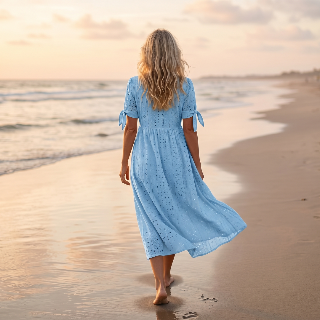 Eyelet Midi Dress With Tie Sleeves - Cold Shoulder Summer Dress