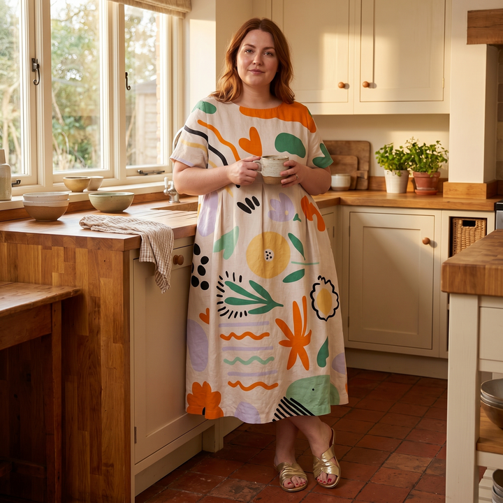 Artsy Print Midi Dress - A-Line Silhouette in Matisse Florals