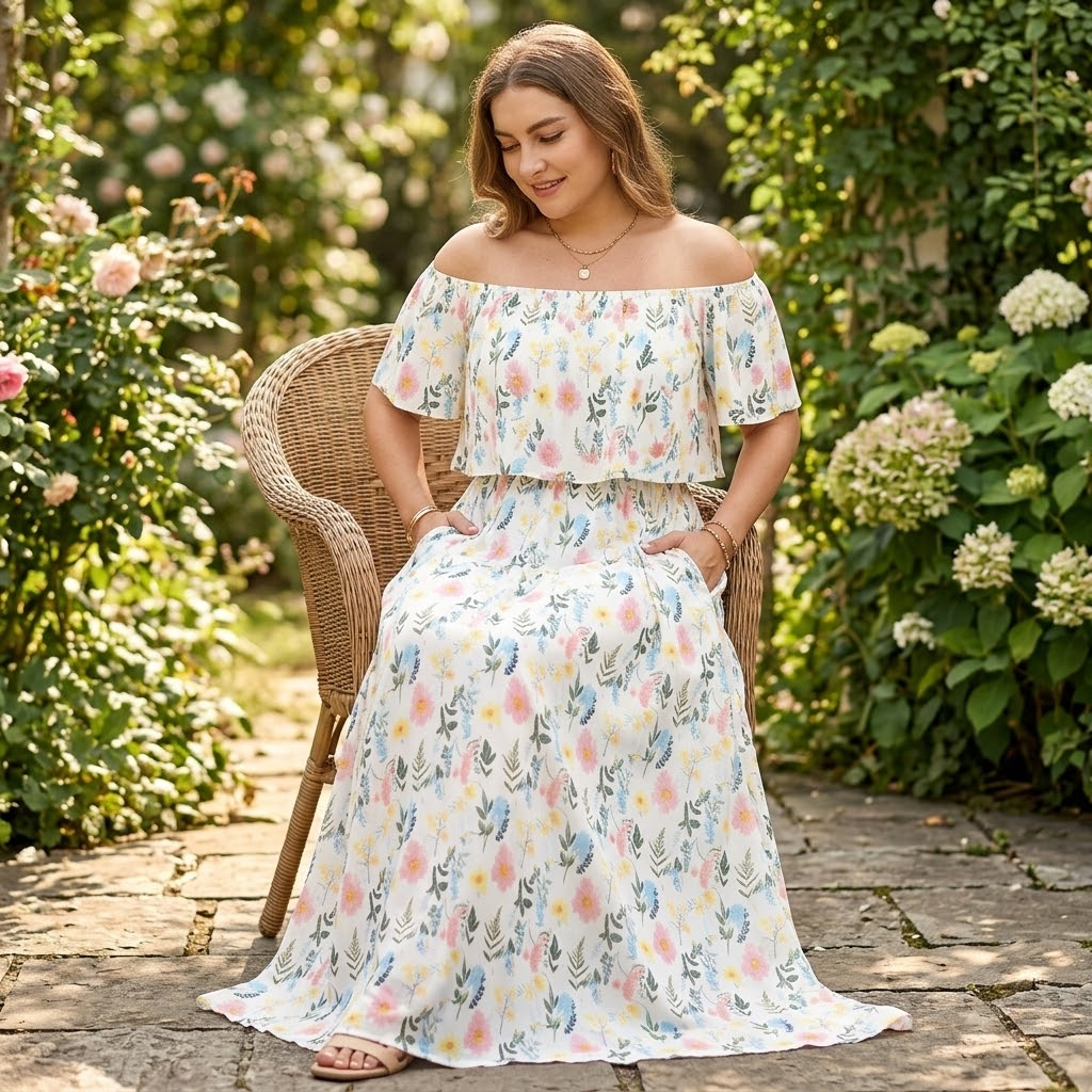 Vestido largo con hombros descubiertos y bolsillos - Estampado floral para mujer
