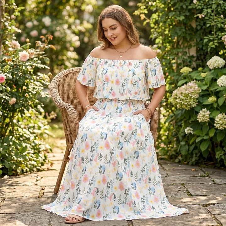 Vestido largo con hombros descubiertos y bolsillos - Estampado floral para mujer