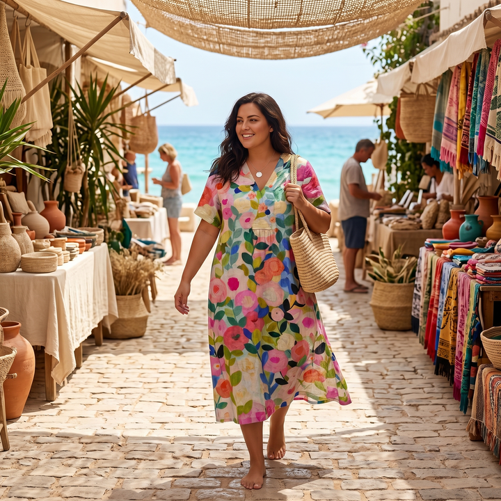Vestido midi floral para mujer con escote en V, corte relajado, estilo verano