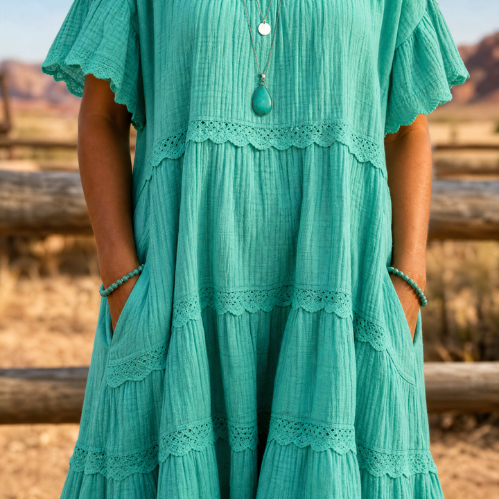 Tiered Lace Midi Dress with Pockets - Flutter Sleeve A-Line