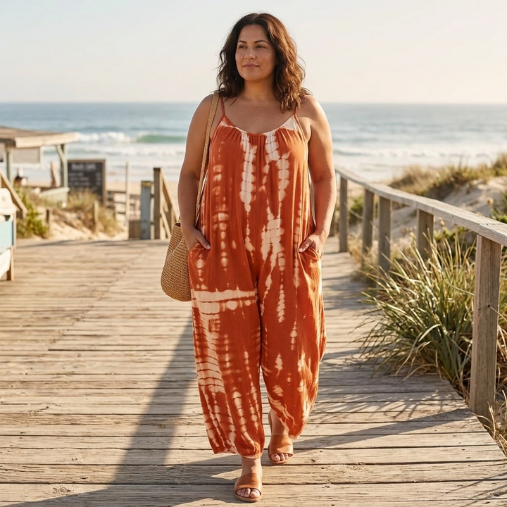 Mono de pierna ancha con bolsillos y estampado tie dye para mujer