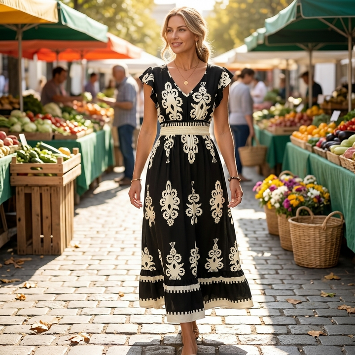 Vivara™ – Baroque Print Flutter Sleeve Maxi Dress