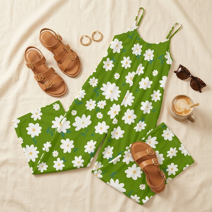Mono de pierna ancha con bolsillos para mujer - Mono floral de verano
