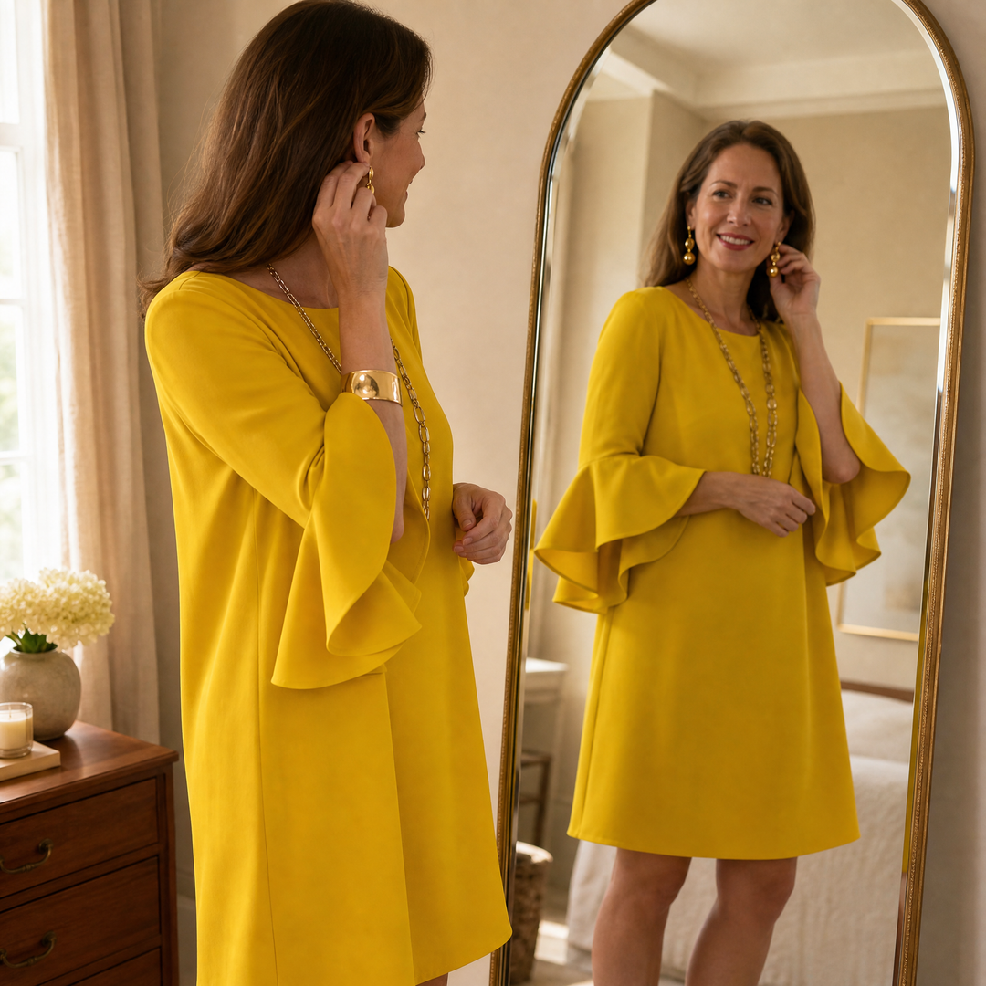 Bell Sleeve Mini Dress - Ruffle Detail Shift Dress for Women