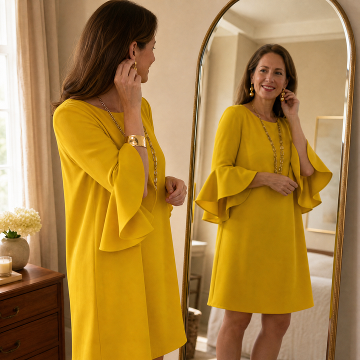 Bell Sleeve Mini Dress - Ruffle Detail Shift Dress for Women