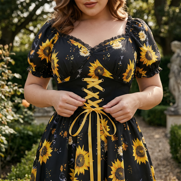 Sunflower Midi Dress | Corset Waist Puff Sleeve Wedding Guest