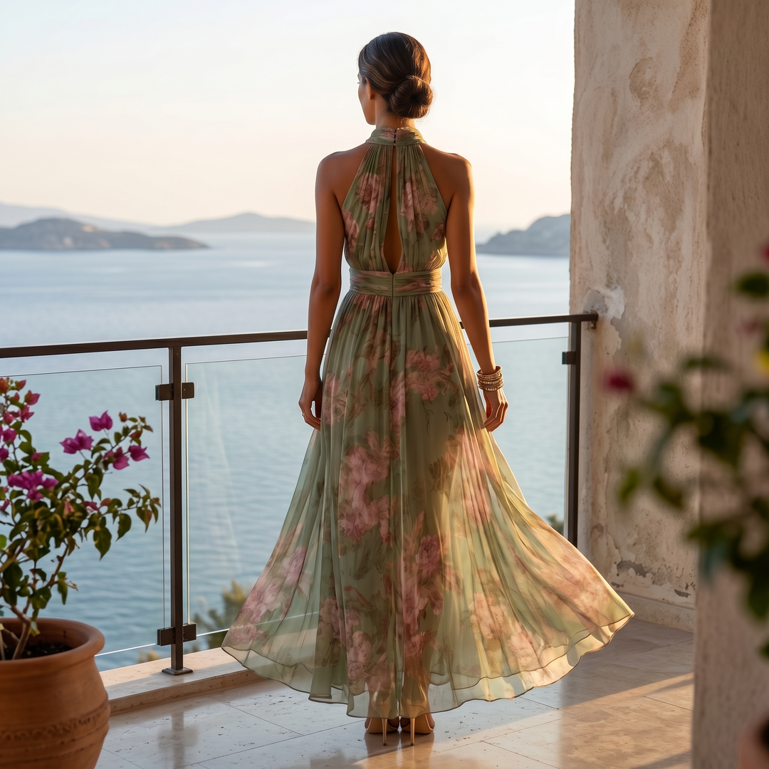 Floral Maxi Dress with Halter Neckline - Sage Green Chiffon