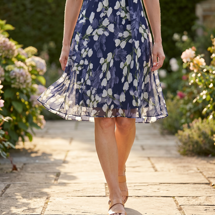 Navy Floral Midi Dress for Women – Chiffon Wedding Guest Dress