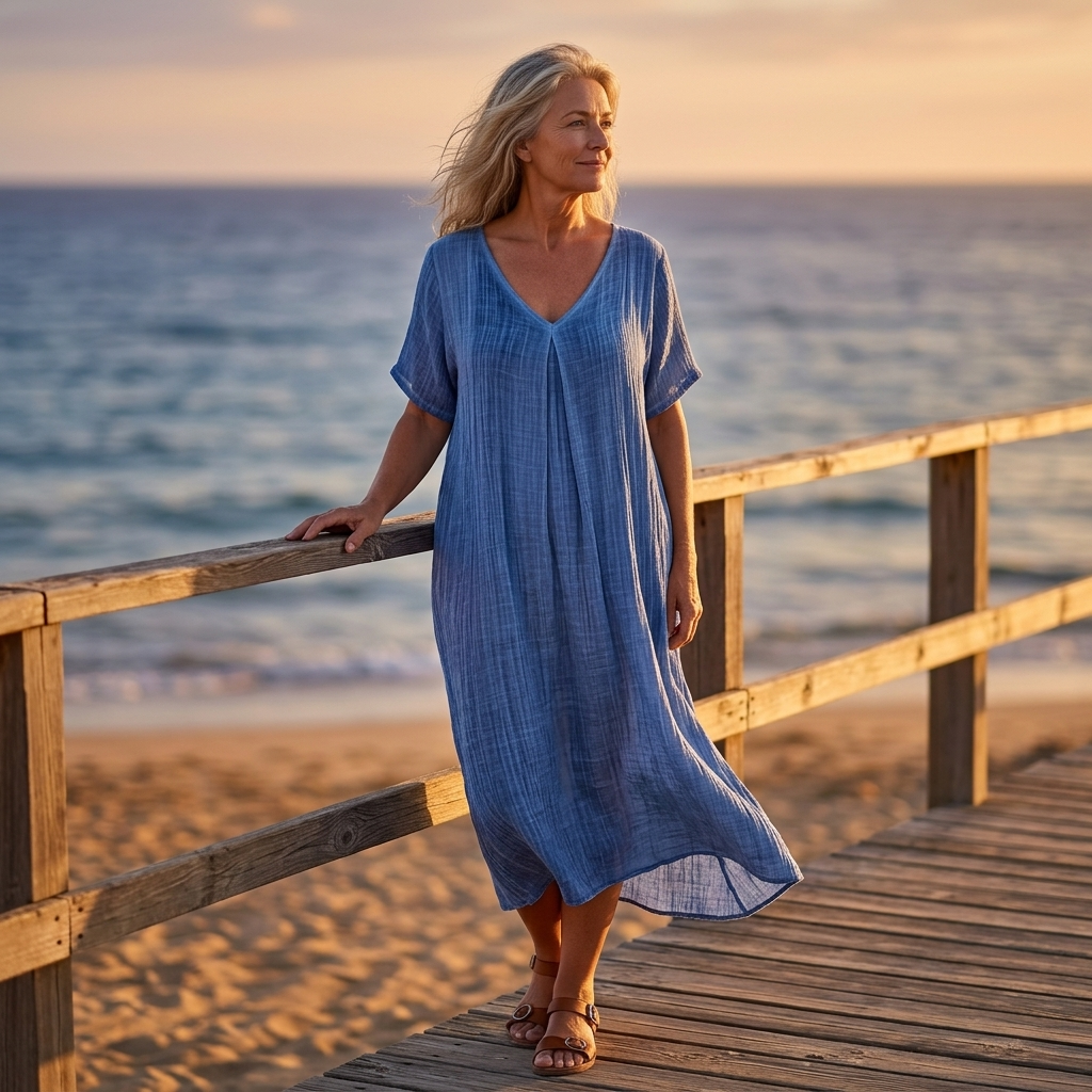 Linara™ – Breezy Cotton Linen V Neck Dress