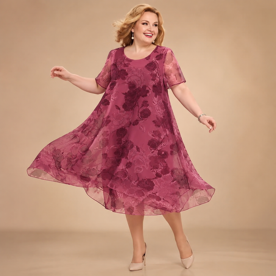 Floral Chiffon Midi Dress - Layered A-Line Dress for Women