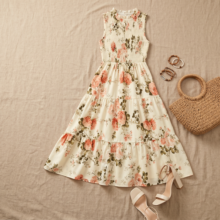 Vestido midi floral con cintura fruncida para mujer