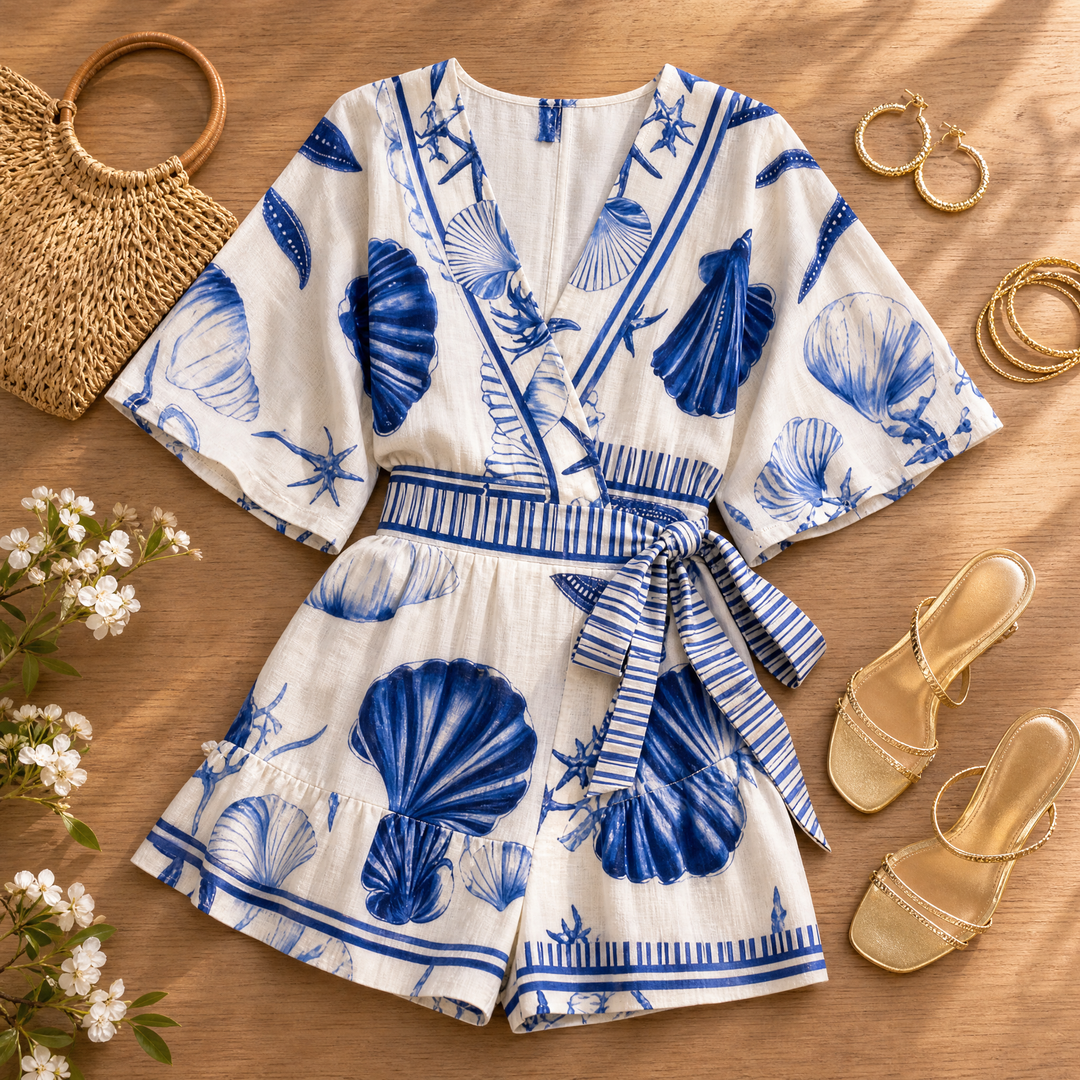 Women's Wrap Romper Navy Shell Print Lightweight Travel Jumpsuit