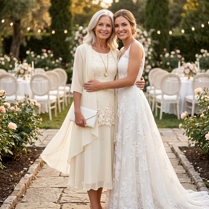 Vestido de Madre de la Novia con Chaqueta - Conjunto de Invitada de Boda en Encaje y Chifón