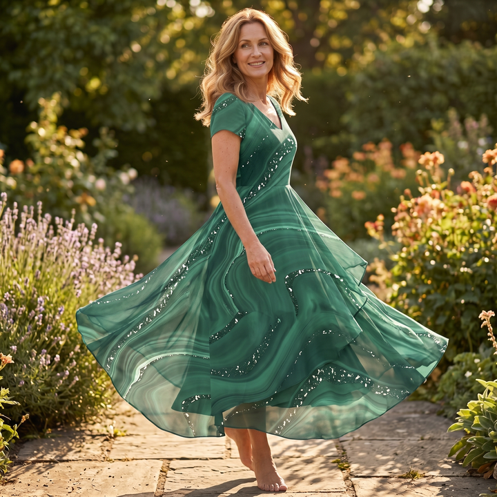 Chiffon Midi Dress - V-Neck Wedding Guest Dress
