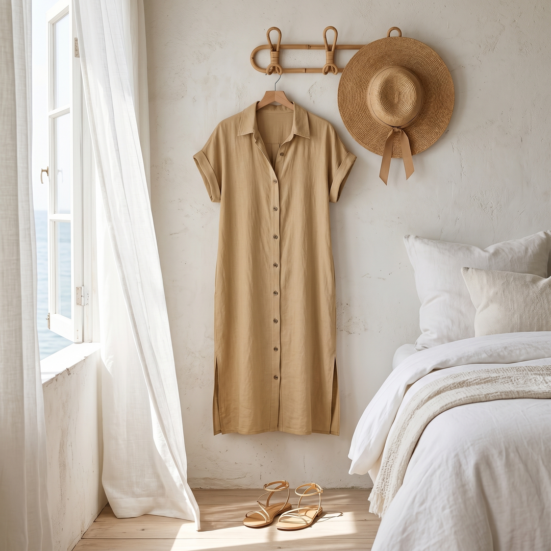 Linen Midi Dress Women Button Down Short Sleeve Summer