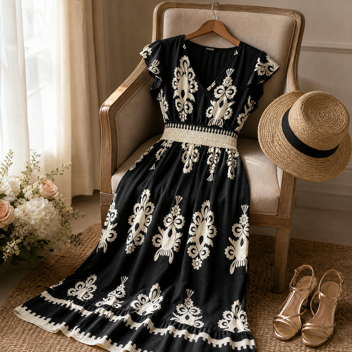 Midi Dress for Women - Damask Print V-Neck with Smocked Waist