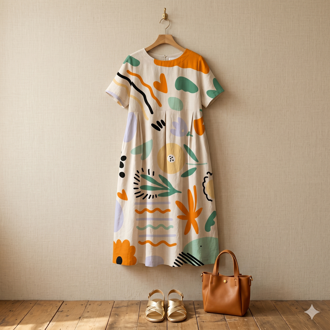 Artsy Print Midi Dress - A-Line Silhouette in Matisse Florals