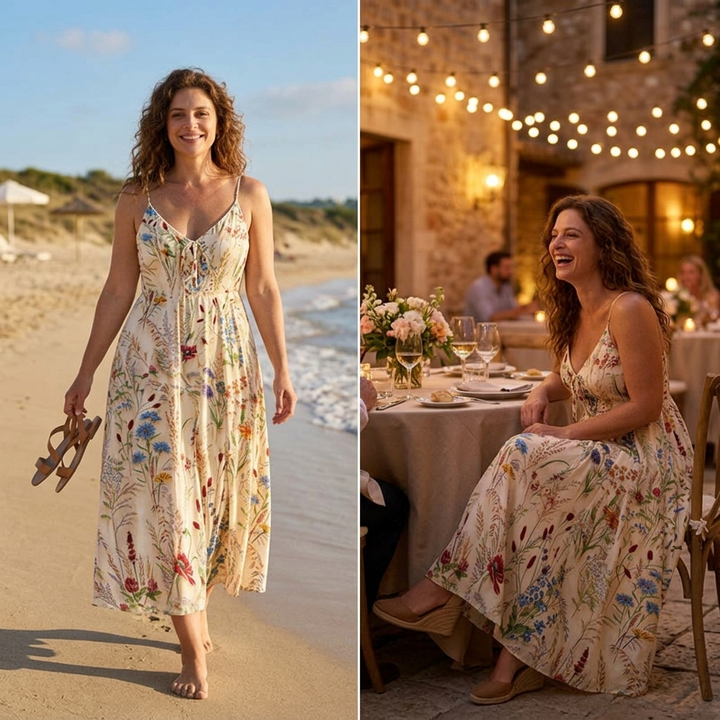 Vestido midi floral - Vestido de verano línea A con estampado de flores silvestres