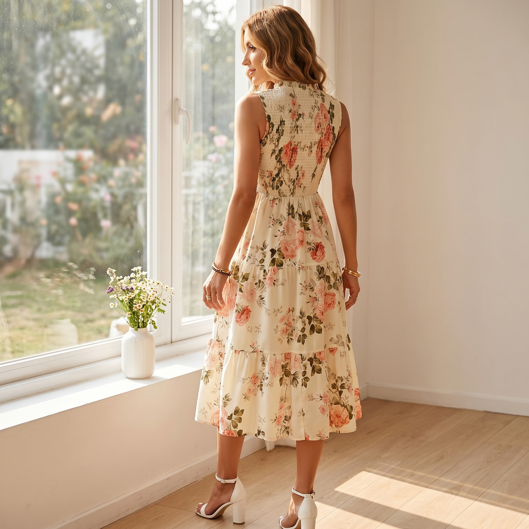 Vestido midi floral con cintura fruncida para mujer