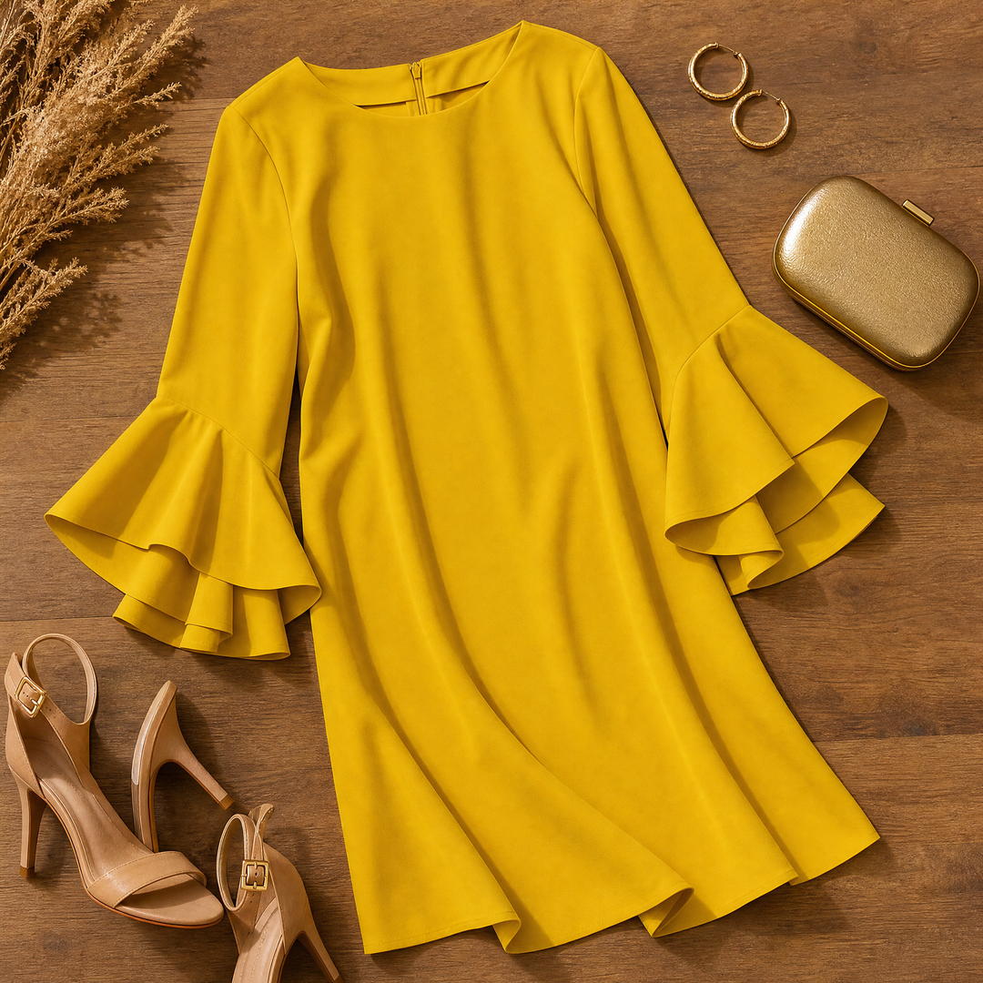 Bell Sleeve Mini Dress - Ruffle Detail Shift Dress for Women