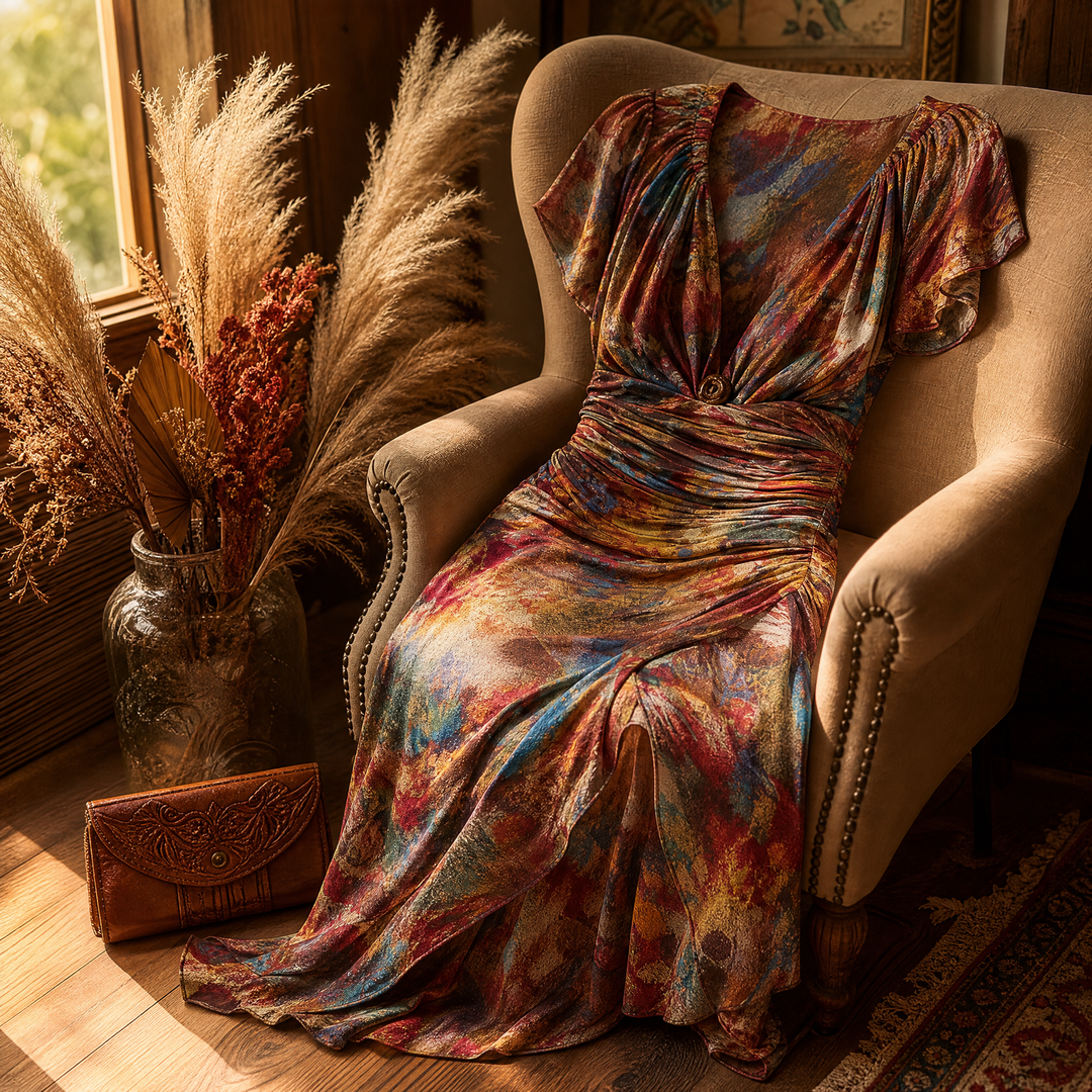 Watercolor Ruched Midi Dress with High-Low Hem