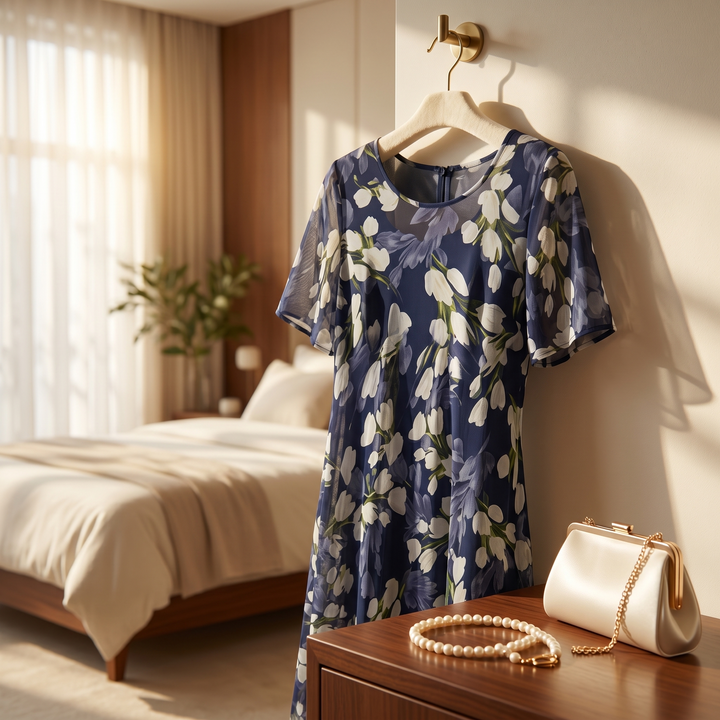 Navy Floral Midi Dress for Women – Chiffon Wedding Guest Dress