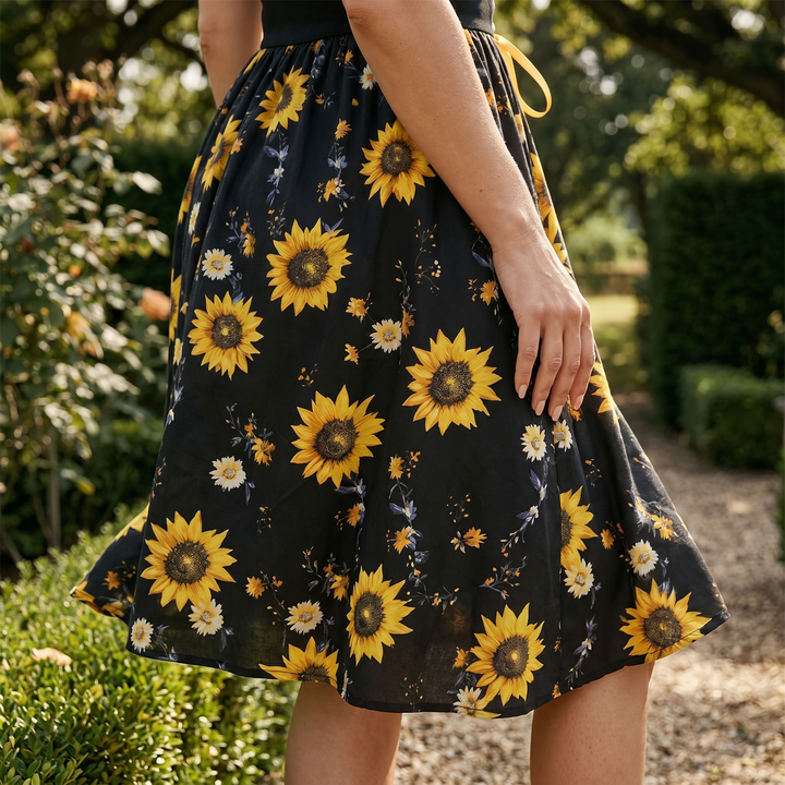 Sunflower Midi Dress | Corset Waist Puff Sleeve Wedding Guest
