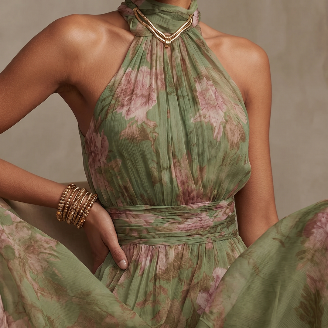 Floral Maxi Dress with Halter Neckline - Sage Green Chiffon