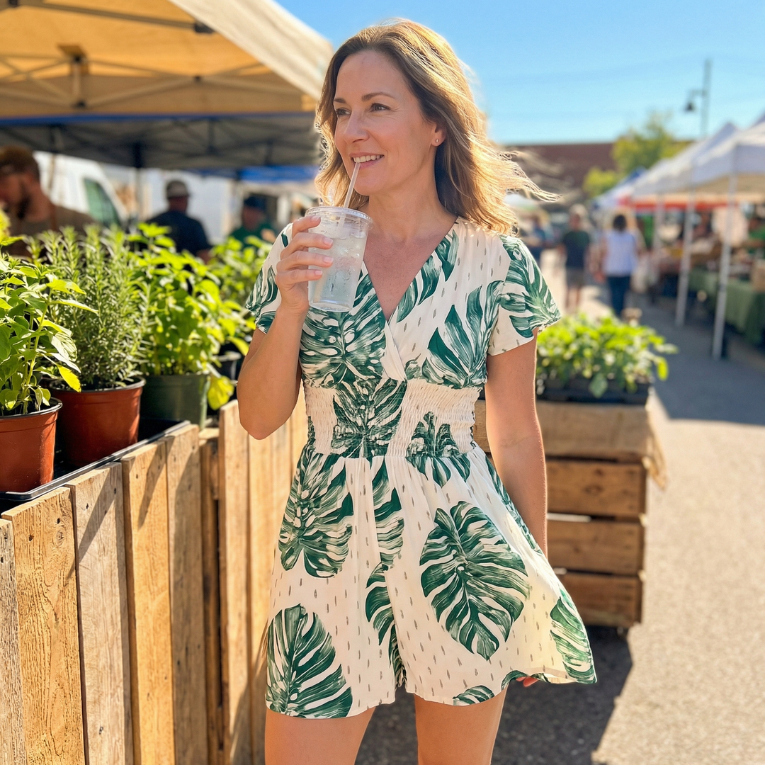 Tropical Wrap Romper with Pockets for Women