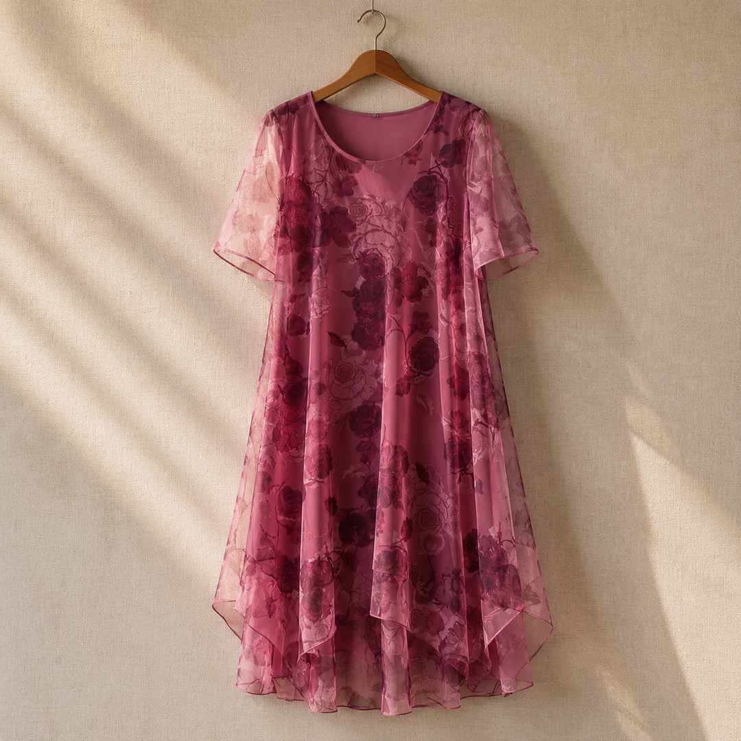 Floral Chiffon Midi Dress - Layered A-Line Dress for Women