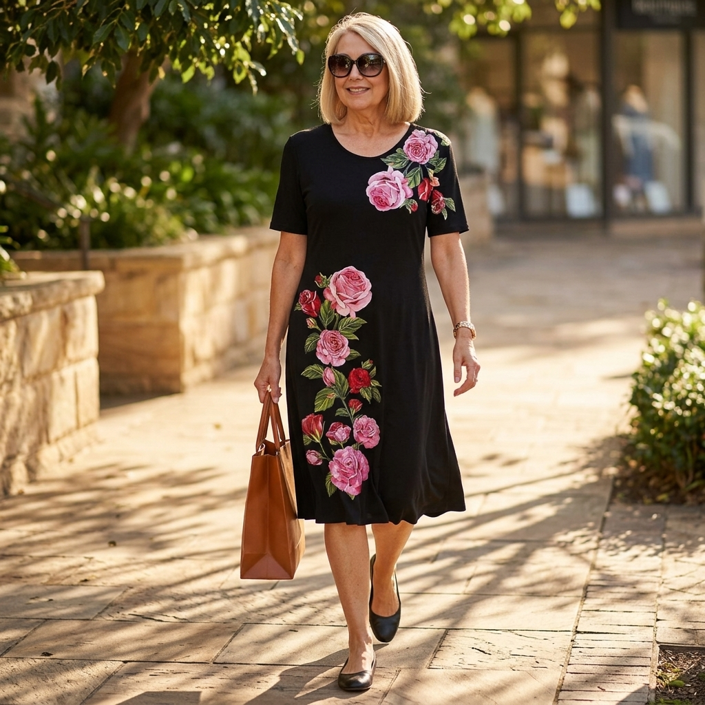 Rose Print A-Line Dress with Short Sleeves