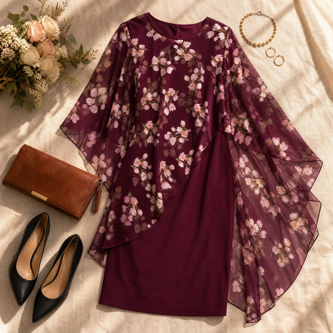 Floral Chiffon Cape Overlay Dress for Wedding Guest