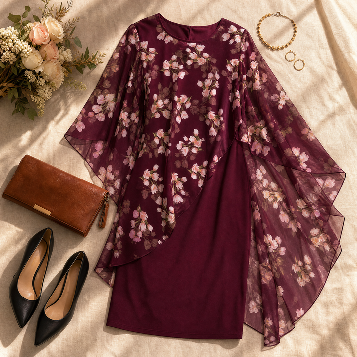 Floral Chiffon Cape Overlay Dress for Wedding Guest