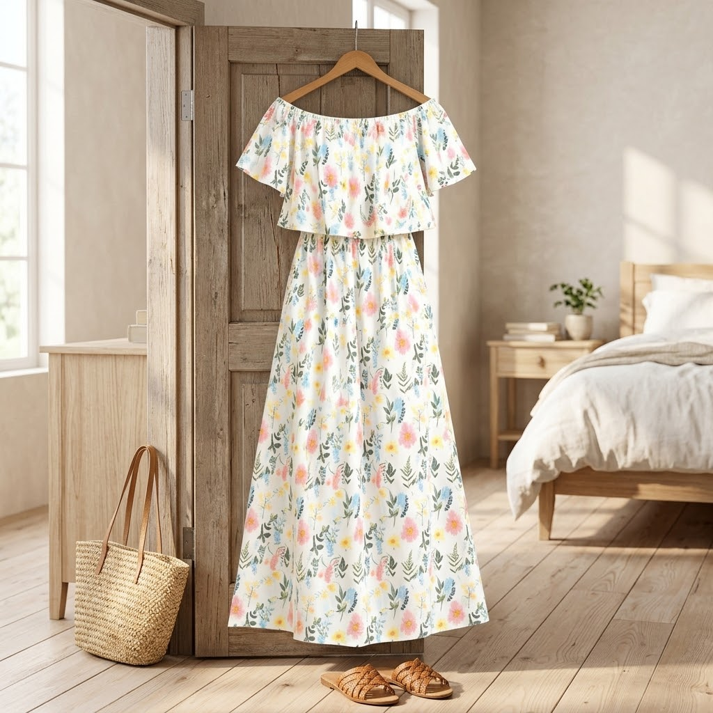 Vestido largo con hombros descubiertos y bolsillos - Estampado floral para mujer