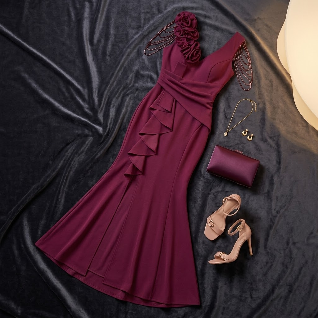 Mermaid Evening Gown with Rosette Shoulder and High Slit