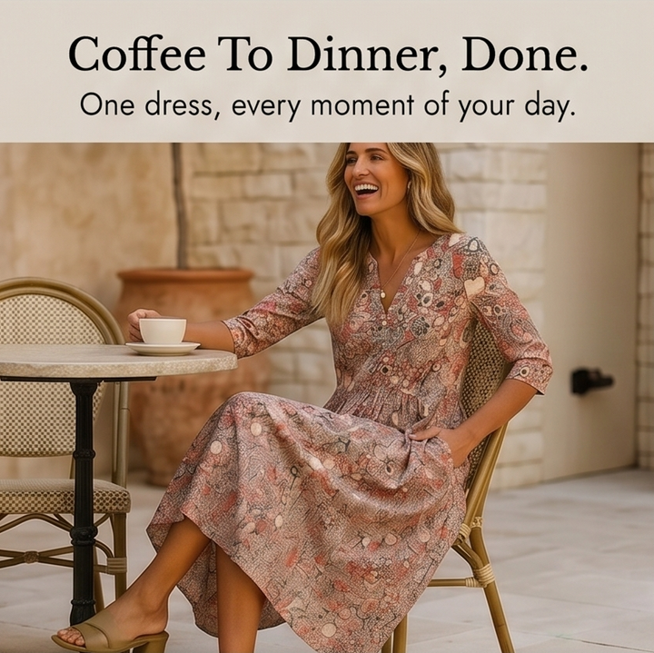 Floral Midi Dress with Pockets - V-Neck A-Line Silhouette