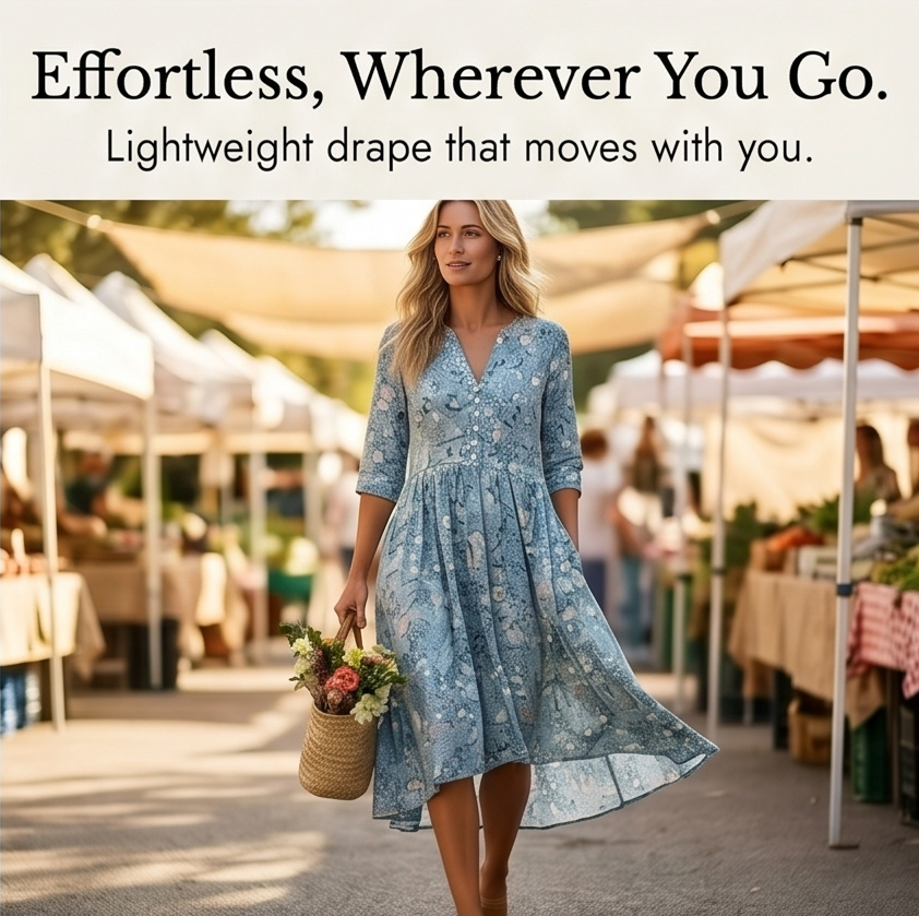 Floral Midi Dress with Pockets - V-Neck A-Line Silhouette
