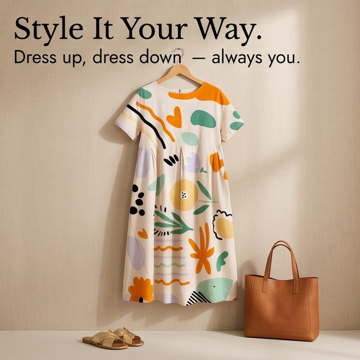 Artsy Print Midi Dress - A-Line Silhouette in Matisse Florals