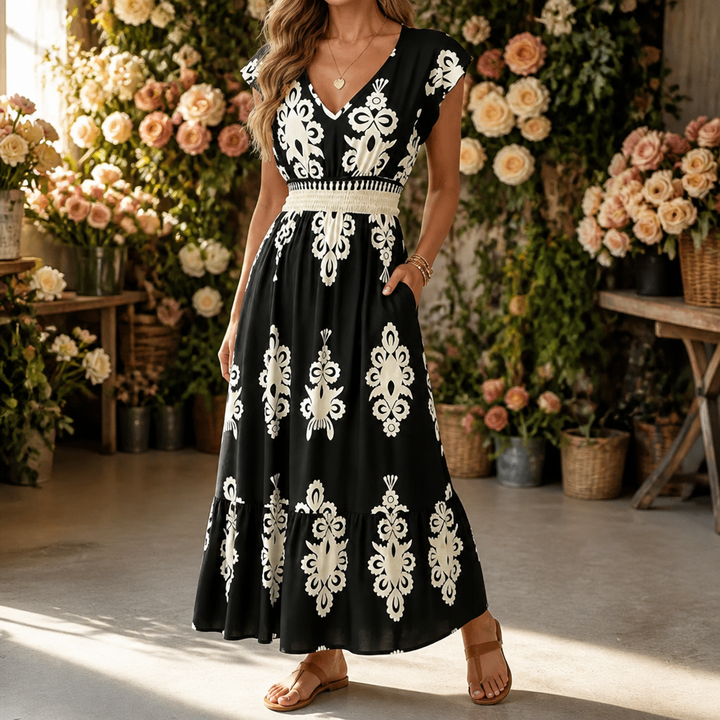 Midi Dress for Women - Damask Print V-Neck with Smocked Waist