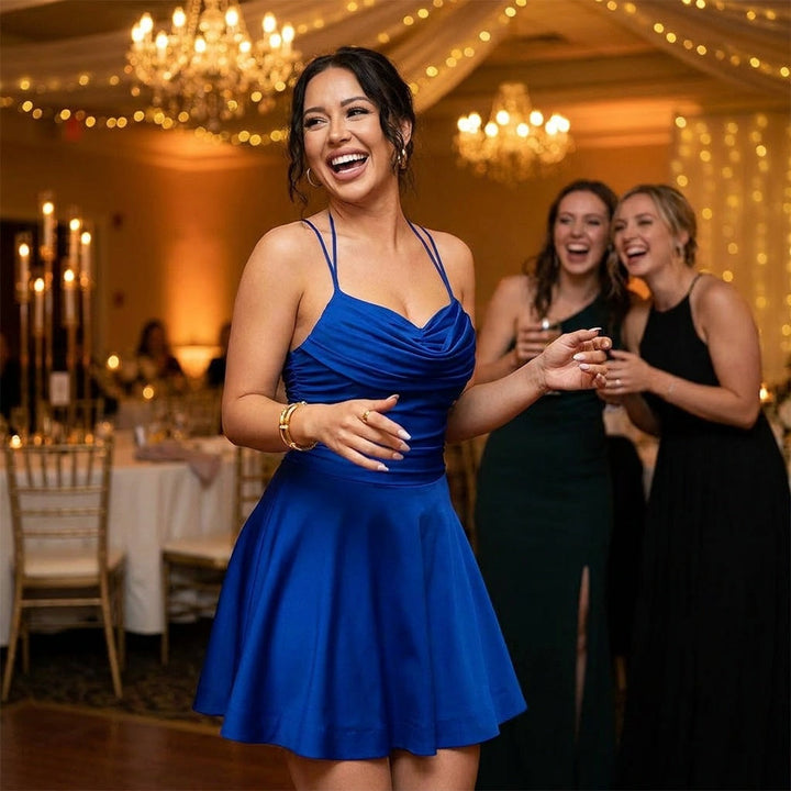 Cowl Neck Mini Dress - Ruched Satin Wedding Guest Dress