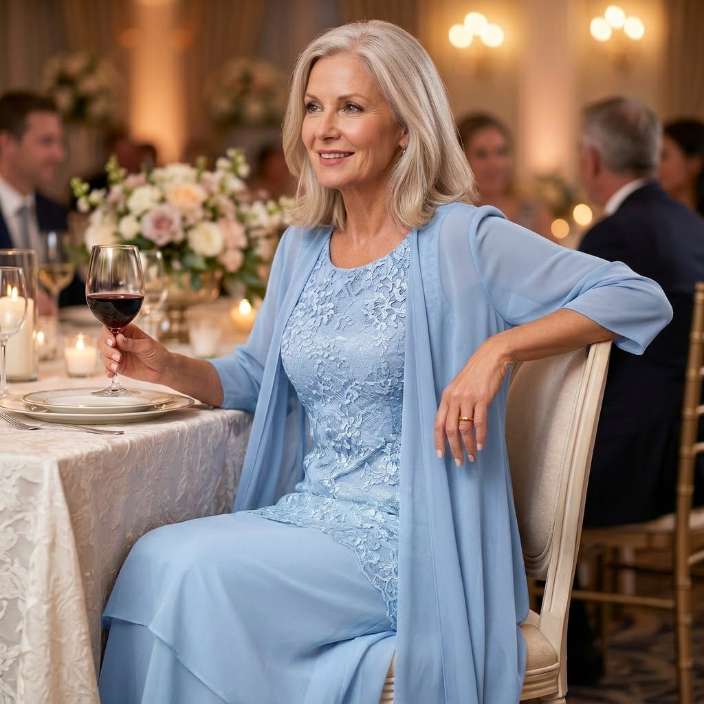Vestido de Madre de la Novia con Chaqueta - Conjunto de Invitada de Boda en Encaje y Chifón