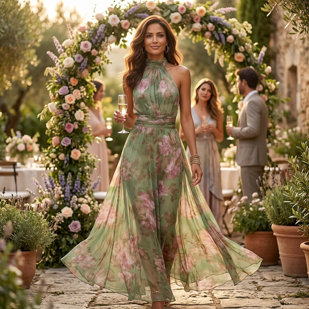 Floral Maxi Dress with Halter Neckline - Sage Green Chiffon