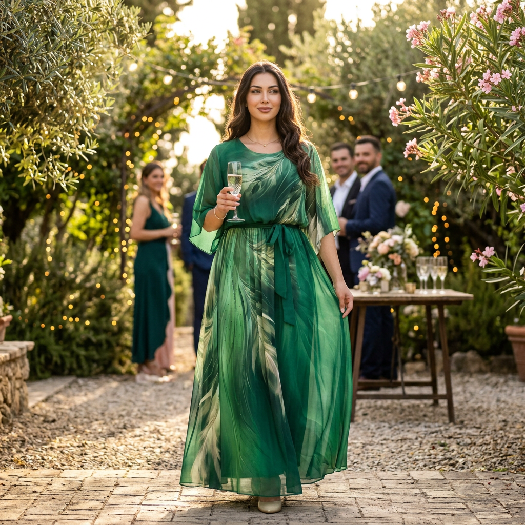 Vestido maxi de gasa con cinturón para invitada de boda