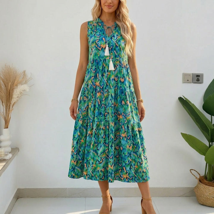 Vestido midi de capas - Vestido de verano sin mangas de algodón para mujer